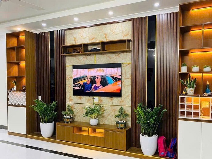 Lam sóng nhựa giả gỗ ốp vách tường phòng khách trang trí